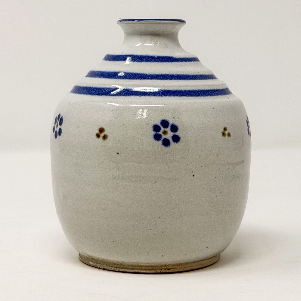 Signed Earthen Vessel Bud Vase Durango CO Studio Pottery Blue Stripe Floral